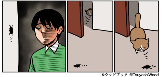 こちらは以前の漫画「本能忘れてきた」の一部。ぽんたくん後退り…（提供：鴻池剛さん）