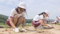 「まびふれあい公園」の広場に芝を植える子どもたち