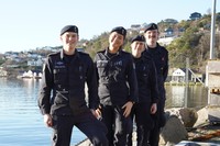 ノルウェー海軍で兵役中の（左から）ホークン・カルミルさん、アマイア・フライシャーさん、アーレ・ソグネスさん、アイヴァン・クリステンセンさん=2025年2月11日、ベルゲンの海軍基地、荒ちひろ撮影