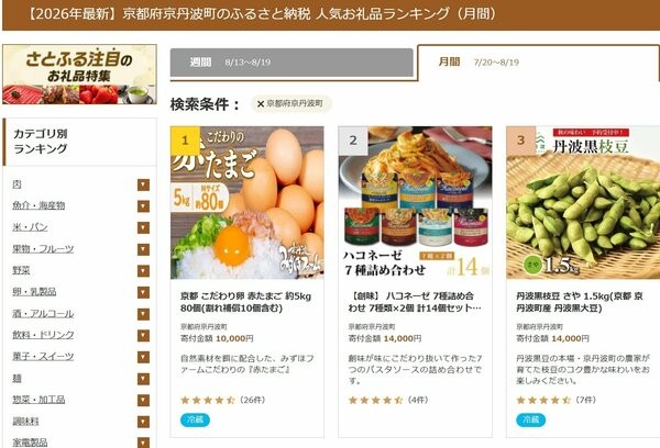京丹波町の返礼品を紹介するふるさと納税ポータルサイトの画面。卵や黒枝豆が人気を集めている