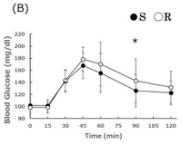 寿司とすし飯のみの血糖値の違い（S：寿司、R:すし飯）
