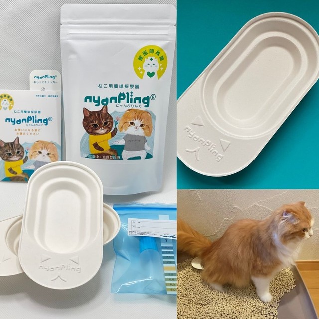 猫用簡単採尿器「nyanpling」（商標登録済）のセット。猫がおしっこの体勢に入ったらお尻の下に容器をそっと差し入れる（堀江さん提供）