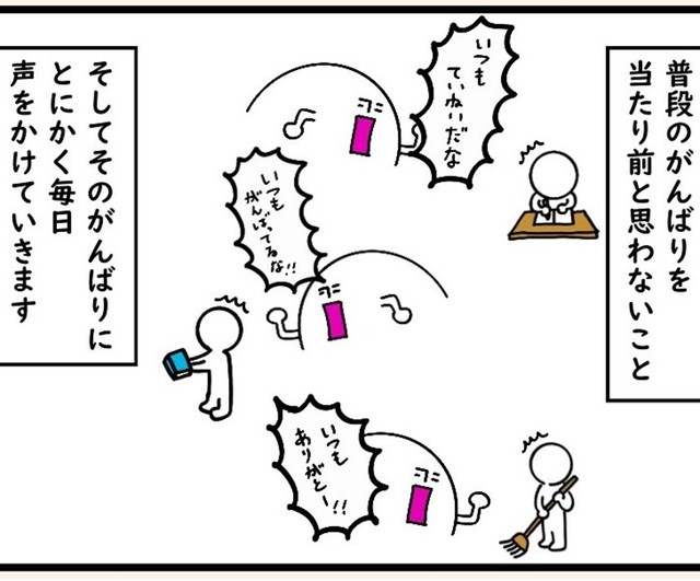 普段のがんばりを見つけて声かけ（たけさん提供）