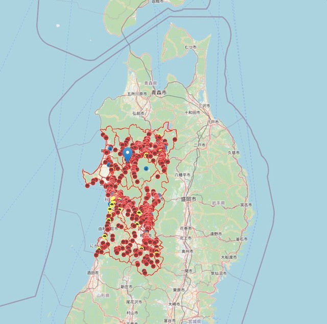秋田県内のいたるところでクマが目撃されている（画像：ツキノワグマ等の情報マップシステム【クマダス】）