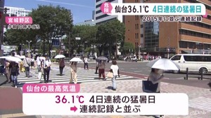 仙台で４日連続の猛暑日　宮城県各地で危険な暑さが続く