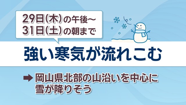 【天気予報】29日午後～31日朝まで再び強い寒気…岡山県北の山沿いを中心に雪の予想