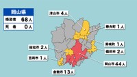 岡山県の新型コロナ感染状況　9月6日（「赤」は10人以上、「黄」は1～9人の感染者が確認された市や町）