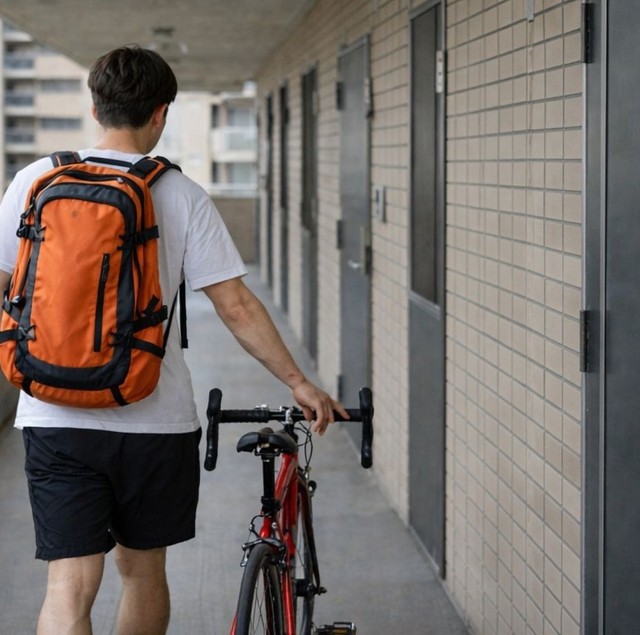 マンション内をロードバイクを押して移動する男性　※画像はAIで生成したイメージです。