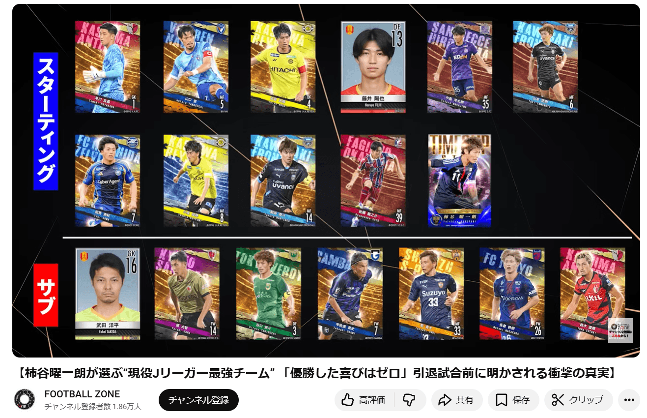 YouTubeチャンネル「FOOTBALL ZONE」に投稿された動画「柿谷曜一朗が選ぶ“現役Jリーガー最強チーム”」より