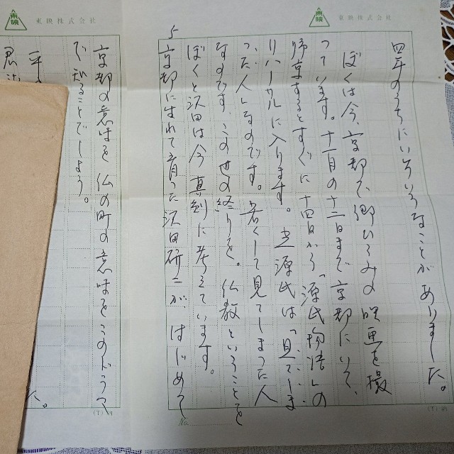 ドラマ『源氏物語』リハーサル直前。ロケ地の京都から寄せられた手紙（鈴木真理子さん提供）