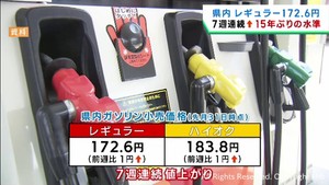 １５年ぶりに１７２円台　宮城県のガソリン価格は値上がり続く