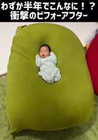 〈ビフォー〉ヨギボーに沈む生後2カ月の頃／ぼんずとぱぱさん（@bonzu_papa）提供