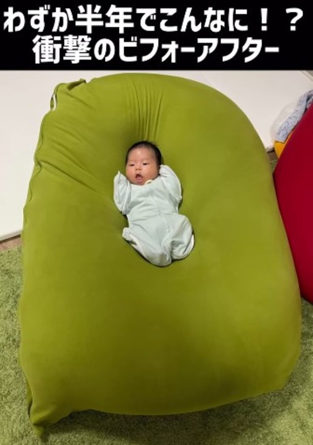 〈ビフォー〉ヨギボーに沈む生後2カ月の頃／ぼんずとぱぱさん（@bonzu_papa）提供