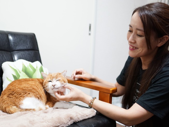 飼い主の鈴木さんになでられてご満悦