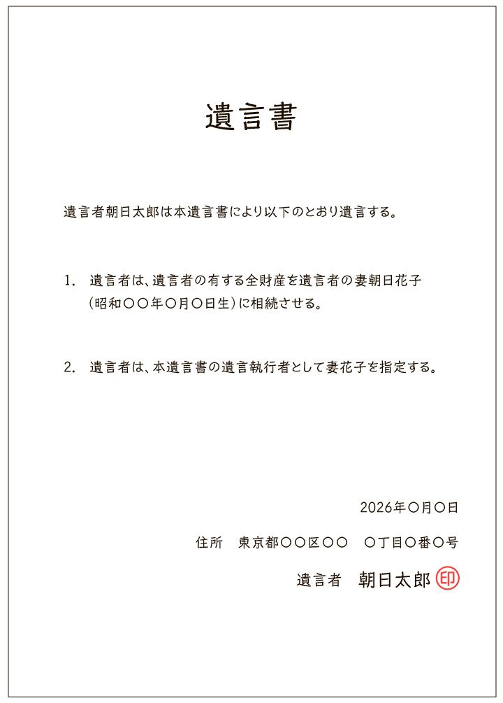 「自筆証書遺言」にて全財産を妻に相続させる場合の文例。全財産を相続させる人が特定できる内容になっている必要がある