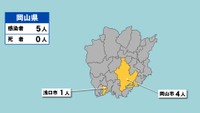 岡山県の新型コロナ感染状況　11月1日（「黄」は1～9人の感染者が確認された市）