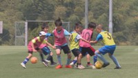 J3カマタマーレ讃岐の練習場で小学生のサッカー教室　天然芝のピッチでボール追う　香川・三豊市