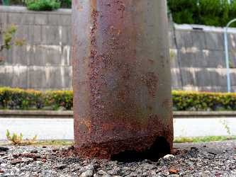 犬のおしっこで腐食進む？　住民団体が街路灯を点検