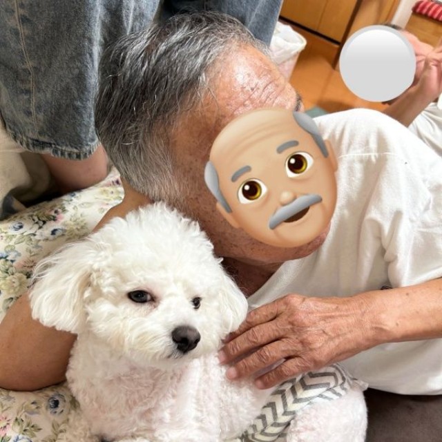 祖父に寄り添われて渋い顔になるぴぷすくん（画像提供：しろいぬ（ぴぷす）さん）