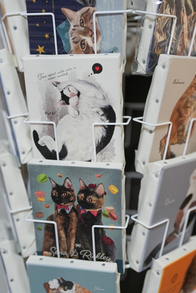 小さなキャンバスに印刷された作品の数々。「お外で暮らしている猫たちの幸せ」を願い、絵やグッズの売上の一部は、保護猫活動に役立てるため寄付をしている