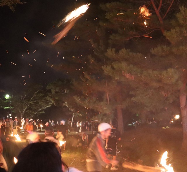 火の粉を散らして松の木に投げられるたいまつ（８月１４日夜、日野町上野田・口之宮神社）
