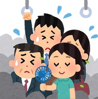 満員電車でハンディファンを使用している女性がいて…（いらすとや）