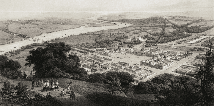 フーリエの理想都市《ファランステール》の概観（ジュール・アルヌー画、1847年）