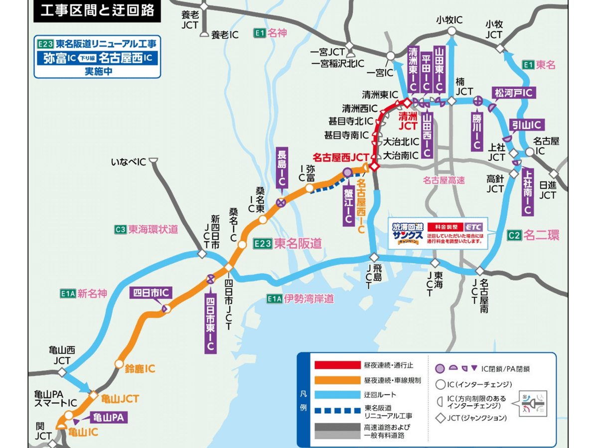 名二環と東名阪道、2026年4月1日夜から4月24日朝まで集中工事