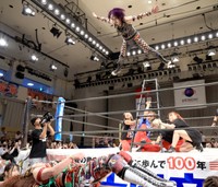 脚立からリング外に飛ぶDASH・チサコ（DASH・チサコVS松本浩代より）＝後楽園ホール