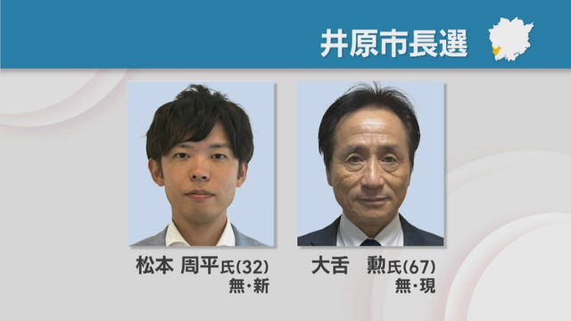 井原市長選に立候補している松本周平 候補と大舌勲 候補