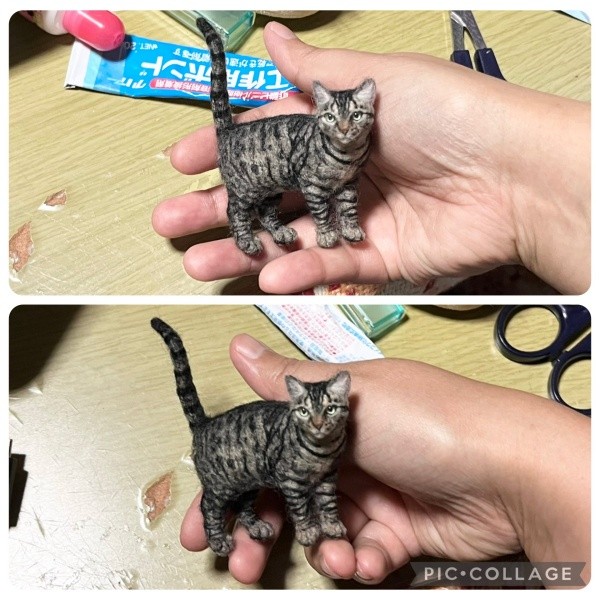 キジトラ猫の羊毛フェルト作品。（上）体が小さすぎたため修正し、（下）バランスが整いました（画像提供：モリタさん）