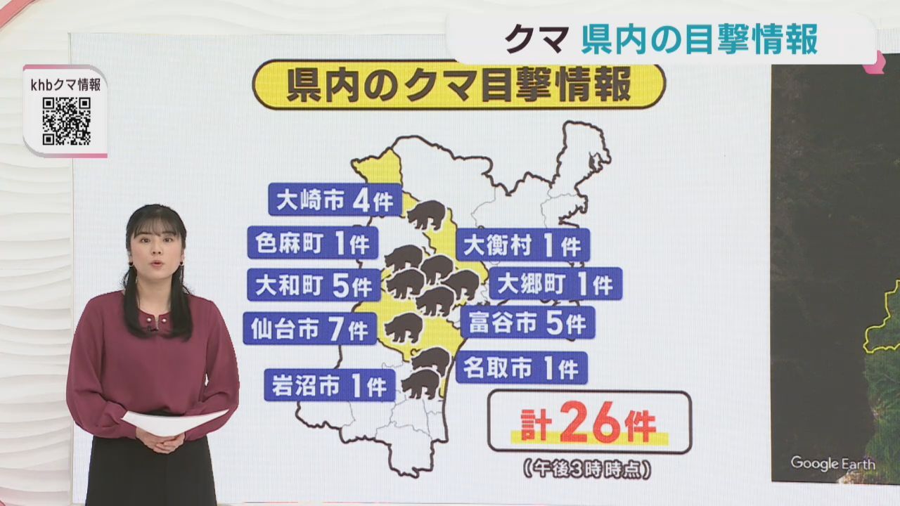 クマの目撃情報　宮城県　９日午後３時〜１０日午後３時