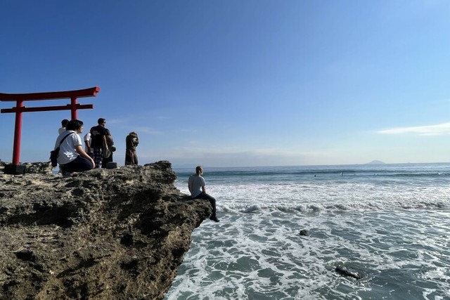 静岡県下田市の海外デジタルノマド交流プログラム「TADAIMA SHIMODA」の観光プログラムで伊豆最古といわれる白浜神社を訪れたデジタルノマドたち＝2024年11月12日、静岡県下田市、塚田氏提供