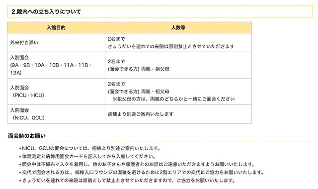 患者の家族であっても、患者の命を守るため、院内立ち入りの際には厳しい条件がある（画像：「埼玉県小児医療センター」公式サイトより抜粋）