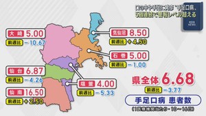 手足口病の患者数　宮城県で５週連続警報レベルを超える