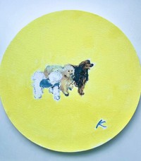 お母さんが描いた作品のひとつ。今にも歩き出しそうな3匹のわんちゃん（画像提供：形が定まらない犬さん）