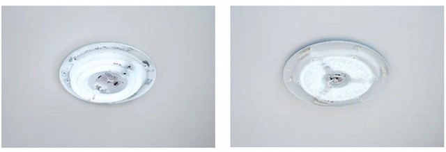 左：カバーをあけた蛍光灯器具の例／右：カバーをあけたLED器具の例（パナソニック調べ）