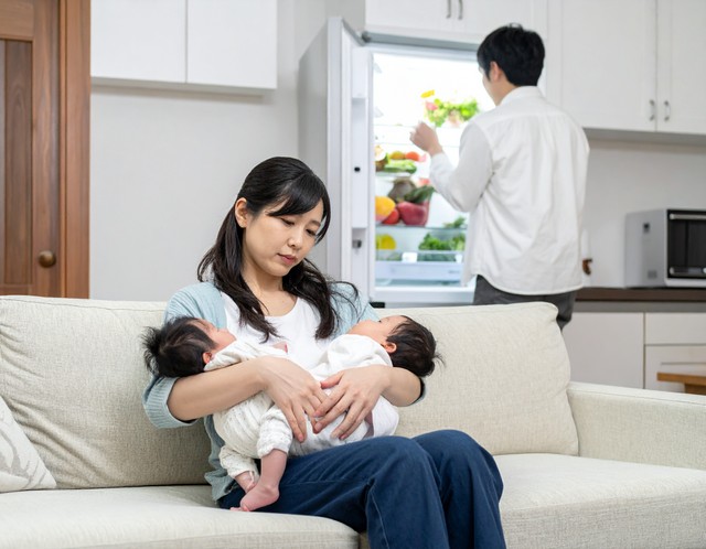 双子の世話でぐったりする妻。夫は自分の弁当を作るようになったけれども……※この画像はAdobe Fireflyで作成したイメージです