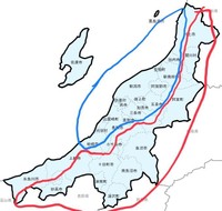 雪が多い地域を赤枠、雪が少ない地域を青枠で表示 ※H2Oさん提供（地図引用元：北陸ブロック発注者協議会ホームページ）