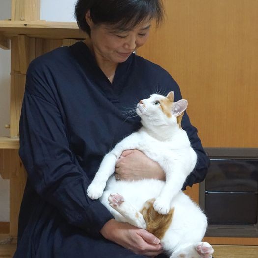 愛猫「ぐーぐー」と見つめ合う由美さん