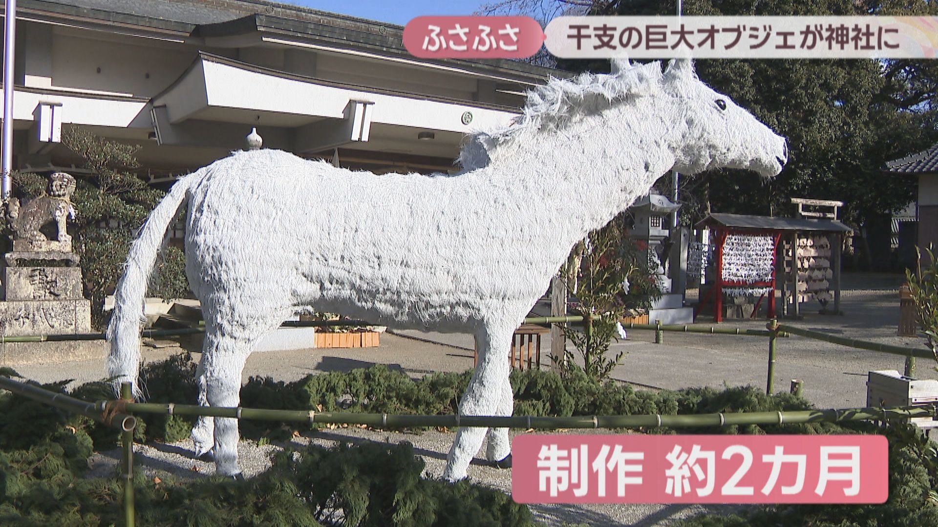 神木の葉 卸売 ご協力いただける方はぜひご相談ください。 2026年の干支「午」の巨大オブジェが神社に 木の皮でふさふさな毛並み