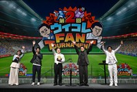 リアルイベント「ウイコレ FAN TOURNAMENT」に登場した（左2人目から）カカロニ・すがや、山崎弘也、有田哲平、カカロニ・栗谷
