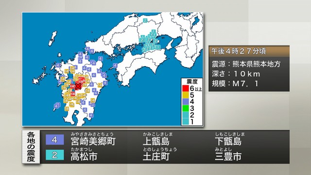 九州・香川県各地の震度