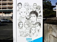 自販機の側面に描かれた「宇宙兄弟」のキャラクターたち