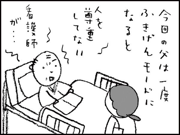 今回の父は一度ふきげんモードになると「人を尊重してない」「看護師が・・・」