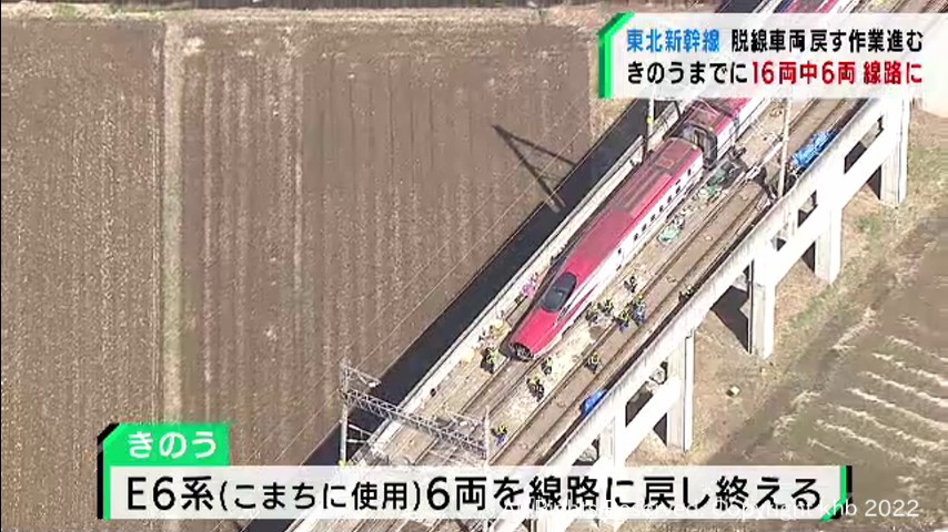 16両脱線の東北新幹線 うち秋田新幹線6両を線路に戻す作業が完了