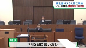 東北道３人死亡バスとトラックの衝突事故　検察がトラック運転手に禁固１年６カ月を求刑