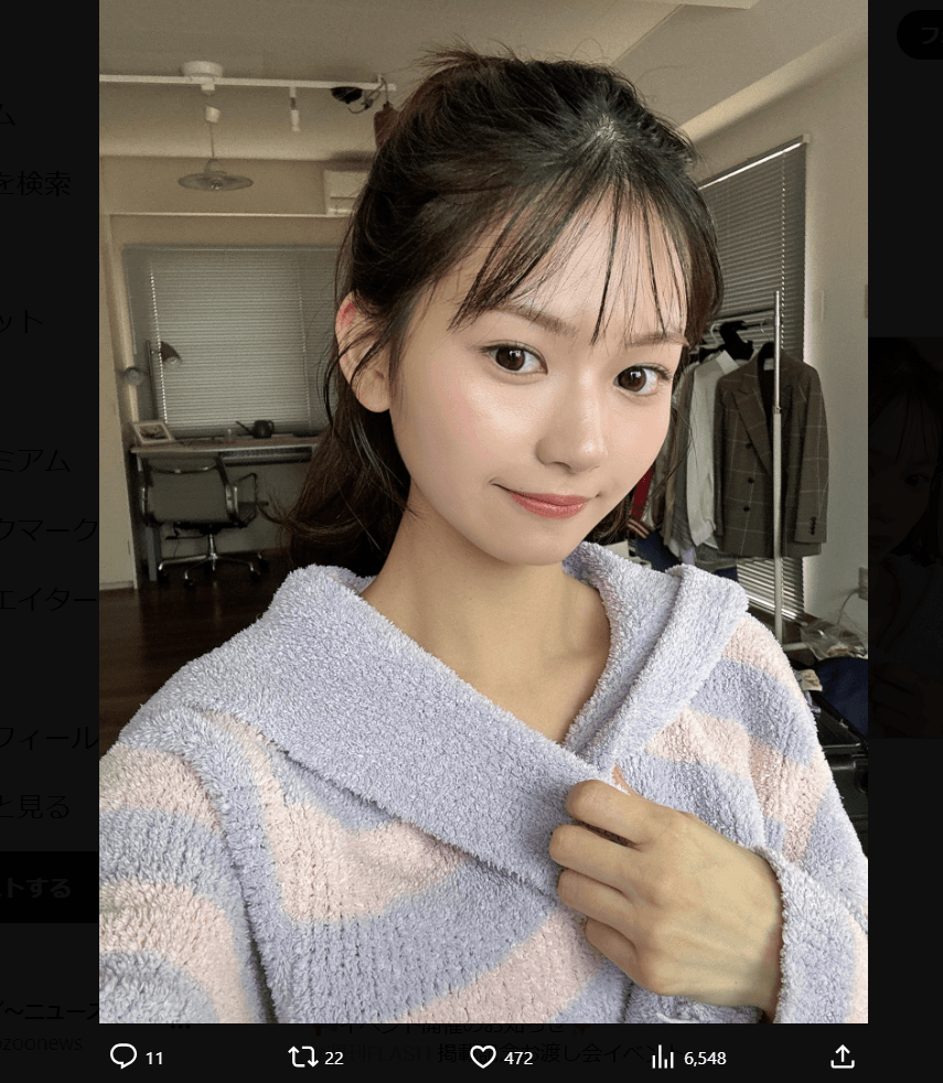 「FLASH」（26年3月10日発売号）に登場した田村愛美鈴のオフショット　本人のX（@Amiri_Tamura）より