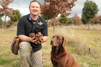 収穫したトリュフを手にする農園オーナーのジェイソン・メズマンさん（左）と、8匹いる「トリュフ探知犬」のうちの1匹。メズマンさんは犬の訓練士でもある=2021年6月14日、キャンベラ近郊、小暮哲夫撮影
