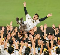 リーグ優勝を決めナインから胴上げされる阪神・岡田彰布監督＝2023年９月14日、甲子園球場